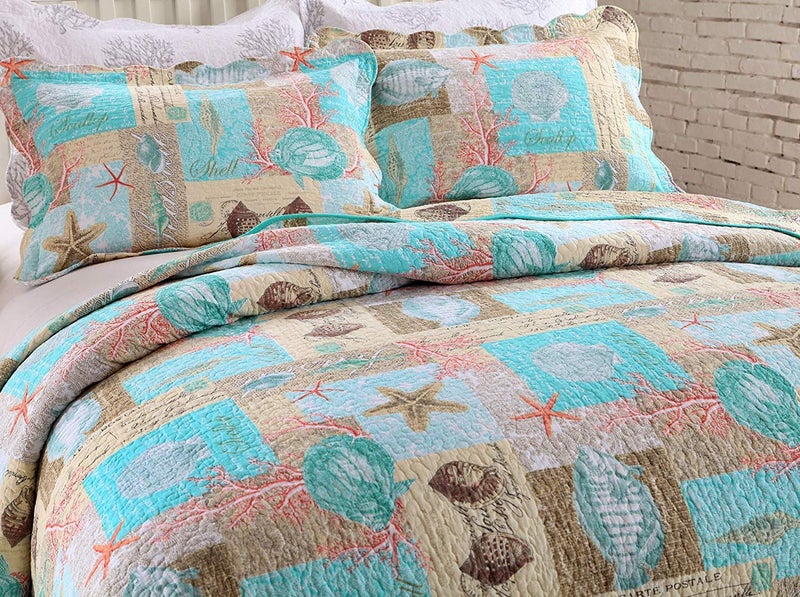 YAYIDAY Quilts Queen Size Bedspread Set - 100% Cotton Reversible Breathable Star Fish Coral Shell Style Quilted Quilt with Pillow Shams for All Seasons - Image 3